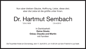 Traueranzeige von Hartmut Sembach von Pegnitz-Zeitung